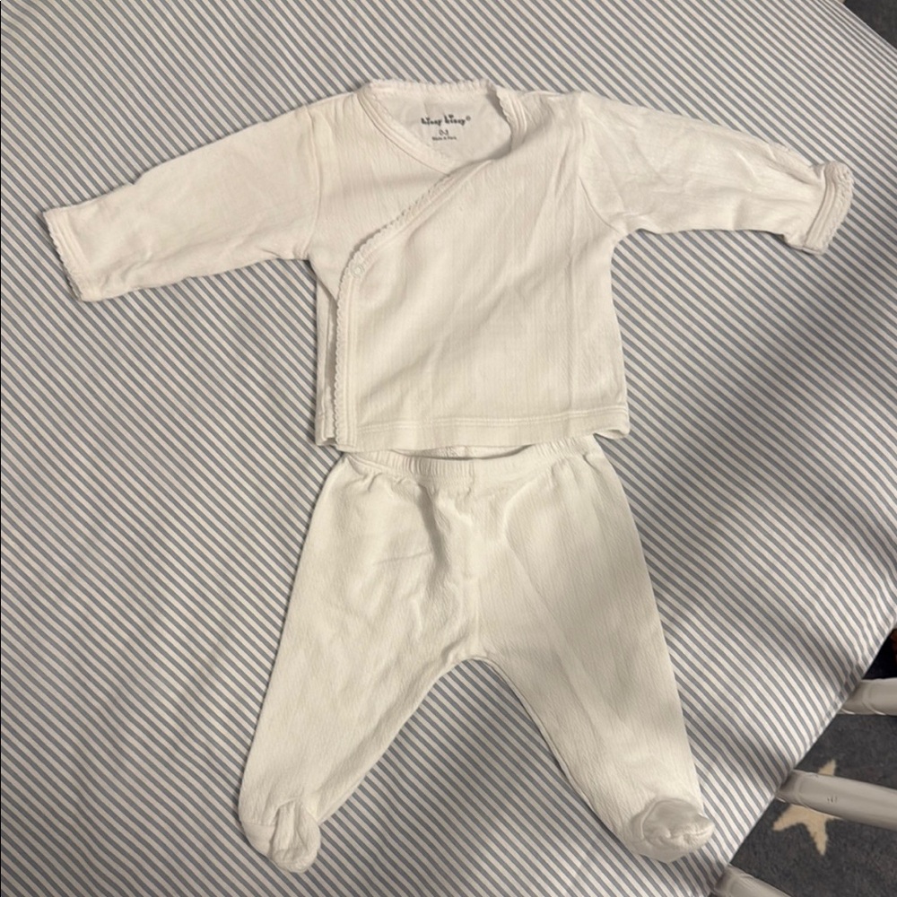 Kissy Kissy White Pointelle Long Sleeve Cross Tee and Matching Footed Pants